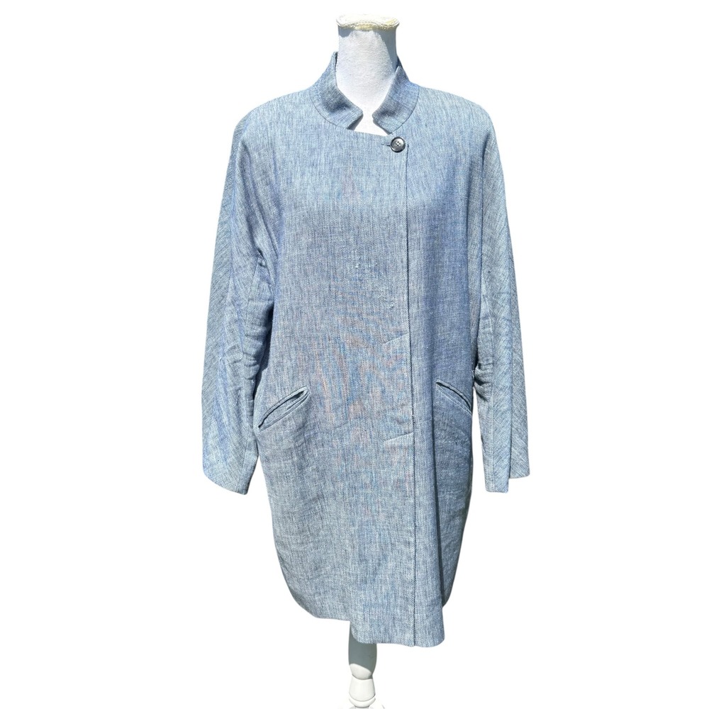 Caroll Paris Women Blue Linen Blend Stand Collar Coat Jacket Size L